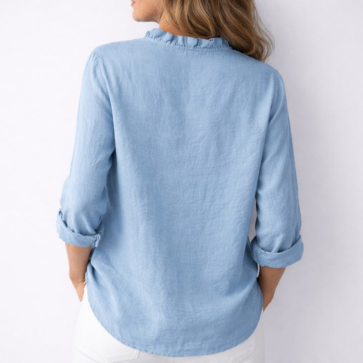Women's Longline Button-Front Shirt - Ruffled V-Neckline