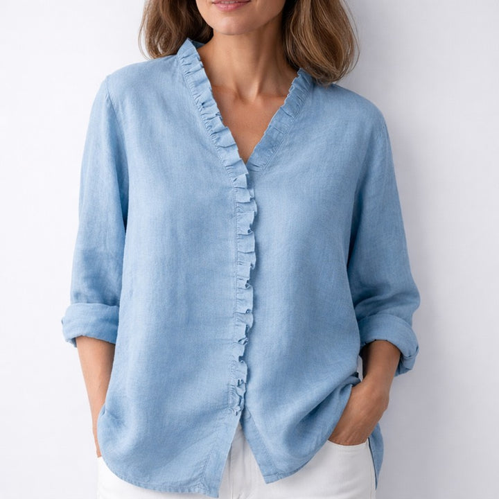 Women's Longline Button-Front Shirt - Ruffled V-Neckline
