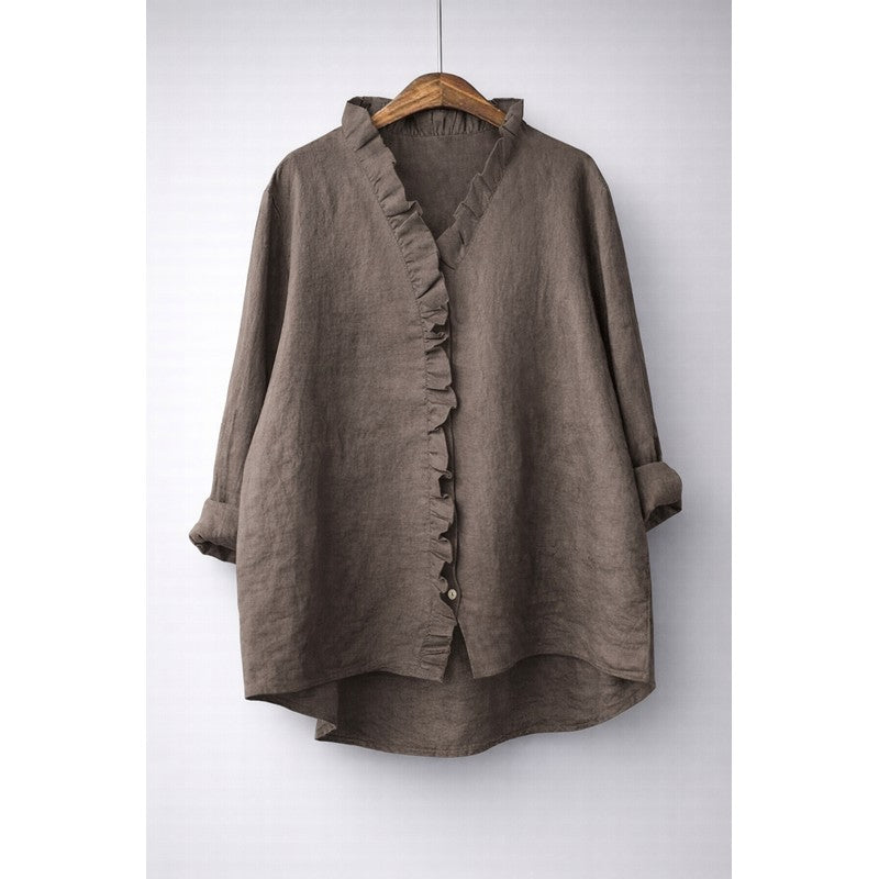 Women's Longline Button-Front Shirt - Ruffled V-Neckline