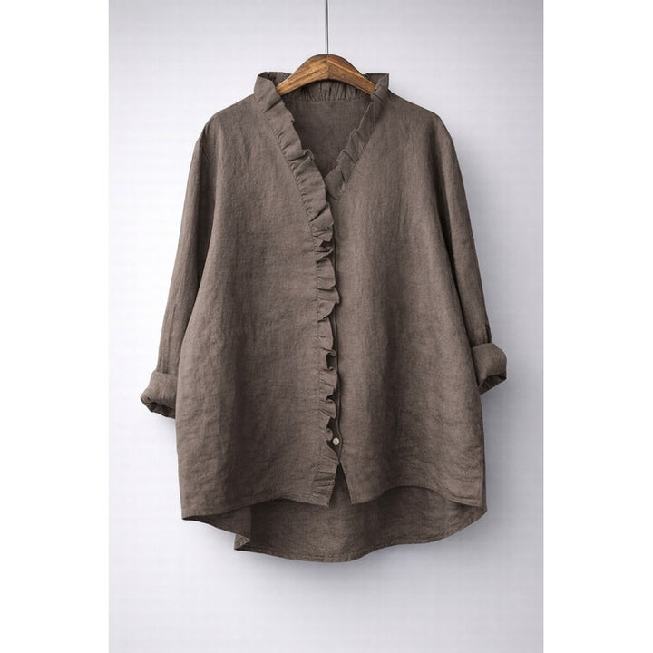 Women's Longline Button-Front Shirt - Ruffled V-Neckline