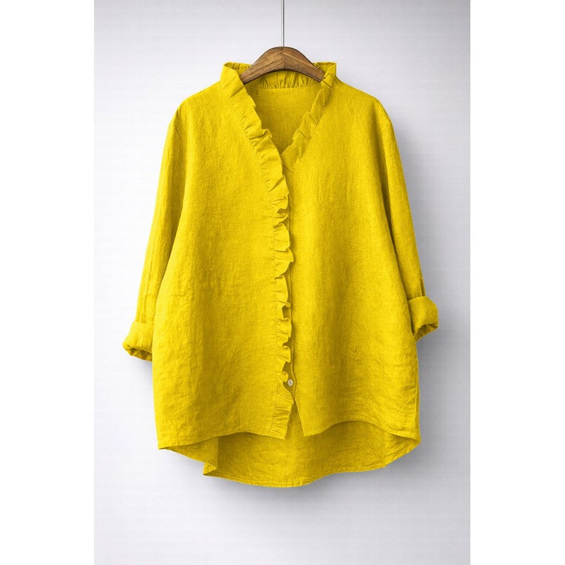 Women's Longline Button-Front Shirt - Ruffled V-Neckline