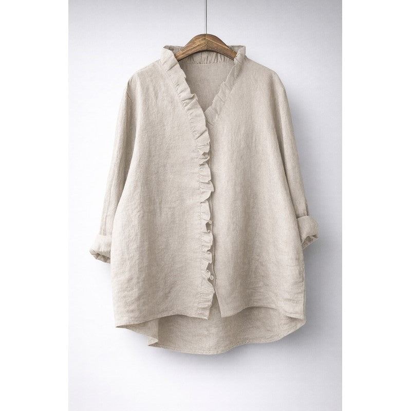 Women's Longline Button-Front Shirt - Ruffled V-Neckline
