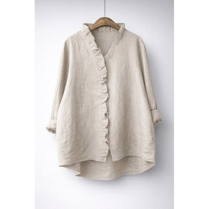 Women's Longline Button-Front Shirt - Ruffled V-Neckline