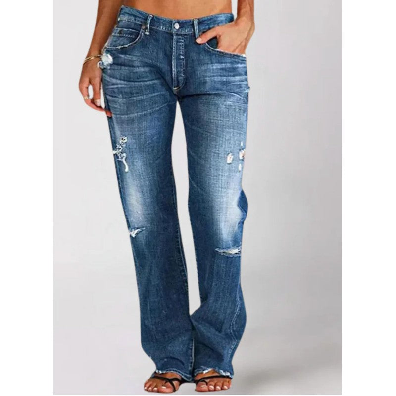 Women's Loose Wide-Leg Jeans - Distressed Detailing
