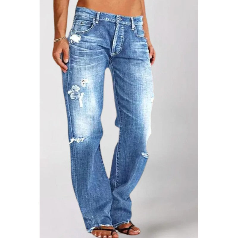 Women's Loose Wide-Leg Jeans - Distressed Detailing