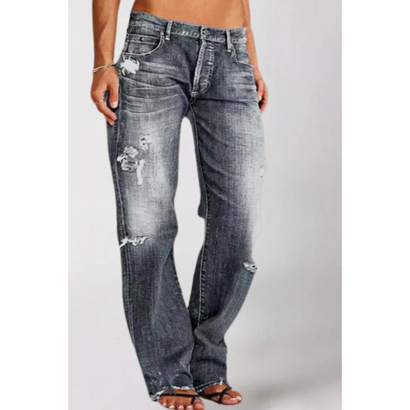 Women's Loose Wide-Leg Jeans - Distressed Detailing