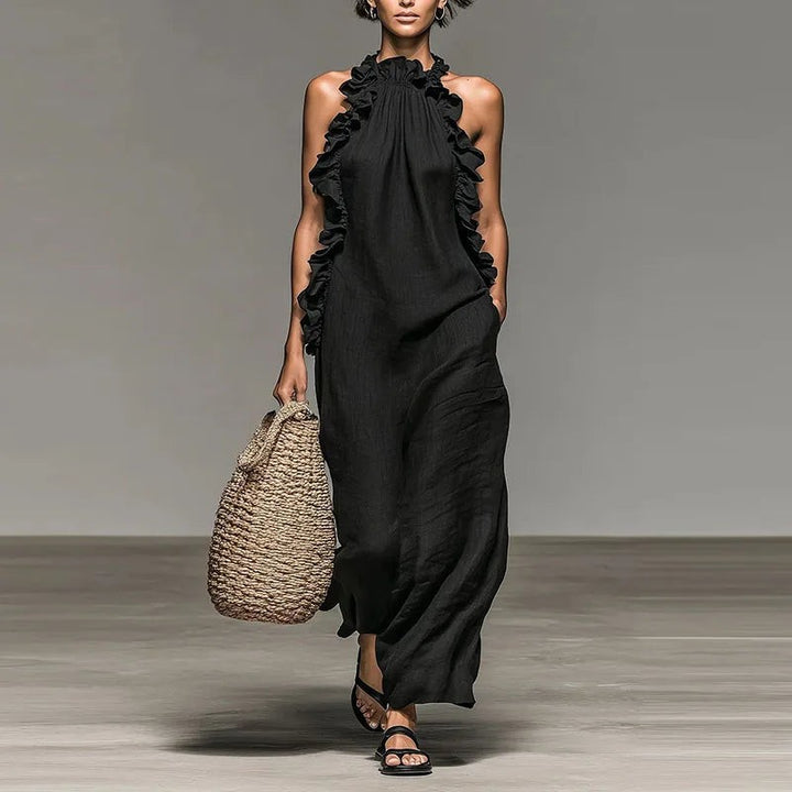 Women's Maxi Dress - Halter Neck Ruffle Detail