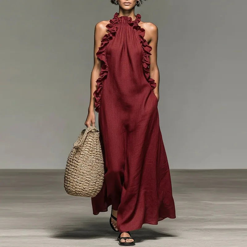 Women's Maxi Dress - Halter Neck Ruffle Detail