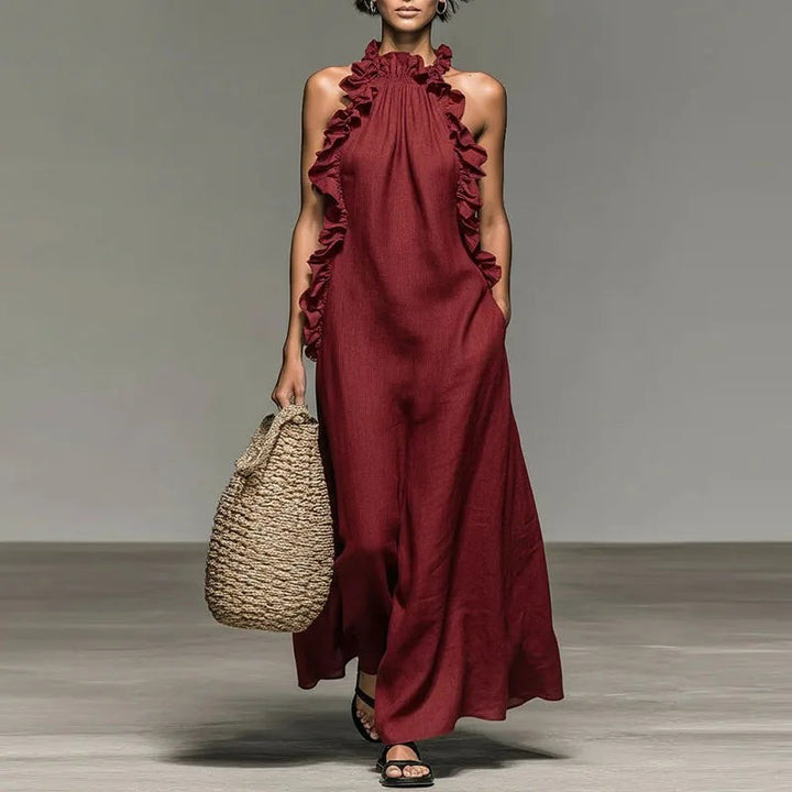 Women's Maxi Dress - Halter Neck Ruffle Detail