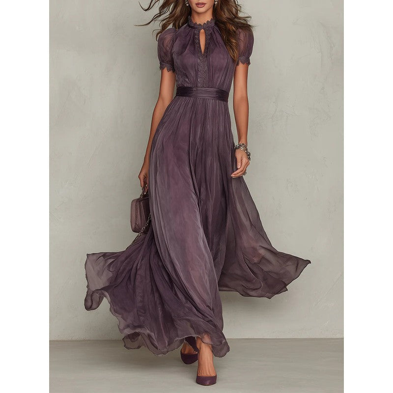 Women's Maxi Dress - Puff Sleeve Keyhole Neckline