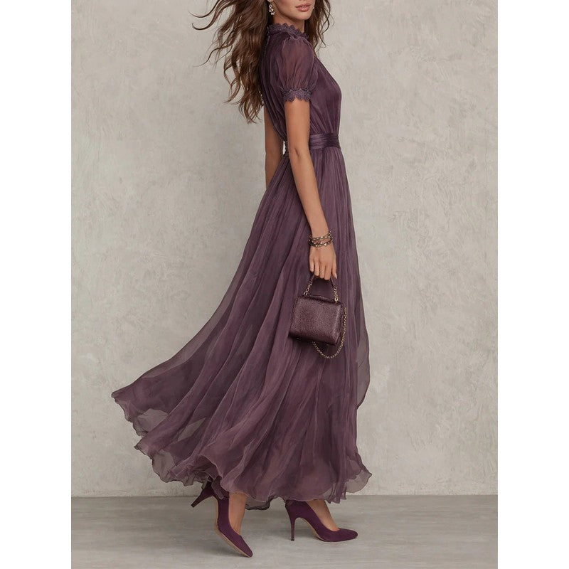 Women's Maxi Dress - Puff Sleeve Keyhole Neckline