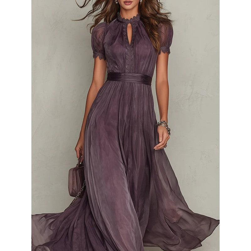 Women's Maxi Dress - Puff Sleeve Keyhole Neckline