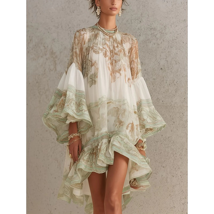 Women's Mini Dress - Flounce Sleeve Chinoiserie Print