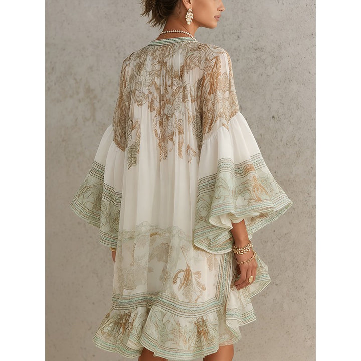 Women's Mini Dress - Flounce Sleeve Chinoiserie Print