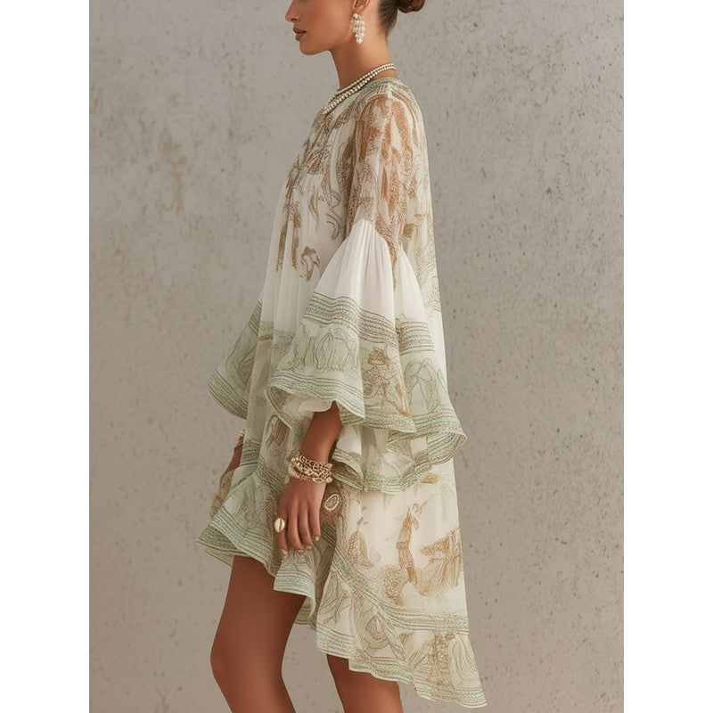 Women's Mini Dress - Flounce Sleeve Chinoiserie Print