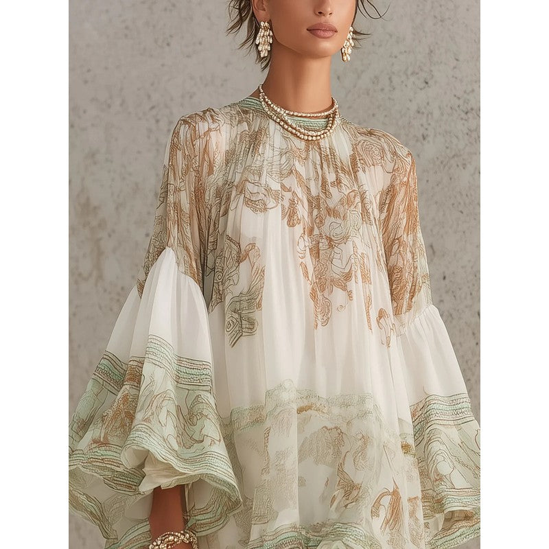 Women's Mini Dress - Flounce Sleeve Chinoiserie Print