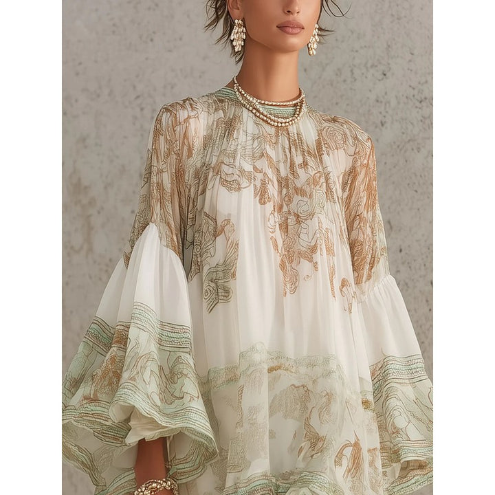 Women's Mini Dress - Flounce Sleeve Chinoiserie Print