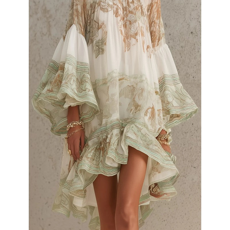 Women's Mini Dress - Flounce Sleeve Chinoiserie Print
