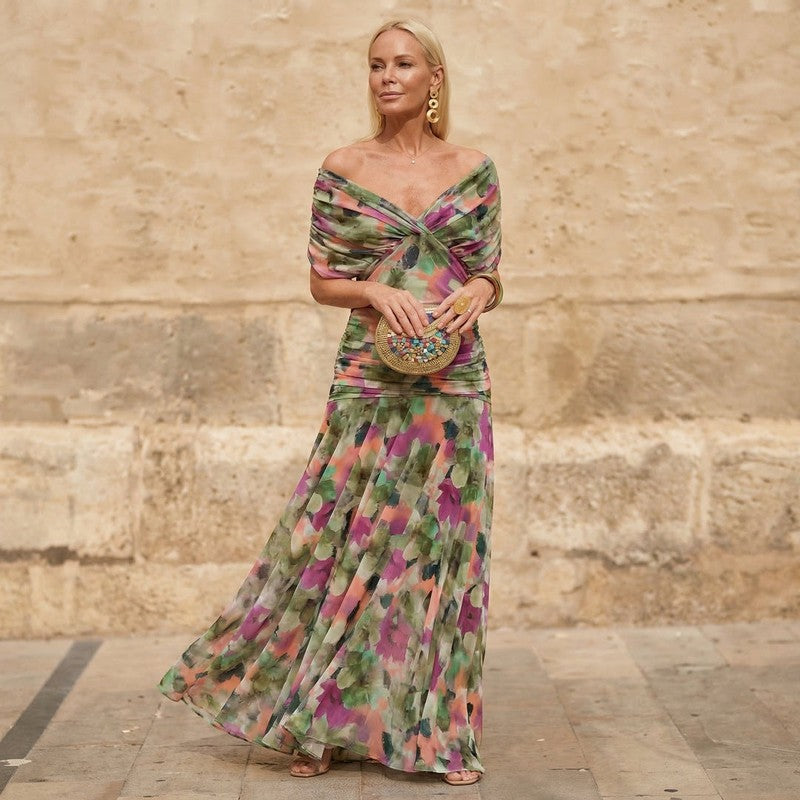 Women's Off-Shoulder Maxi Dress - Floral Print