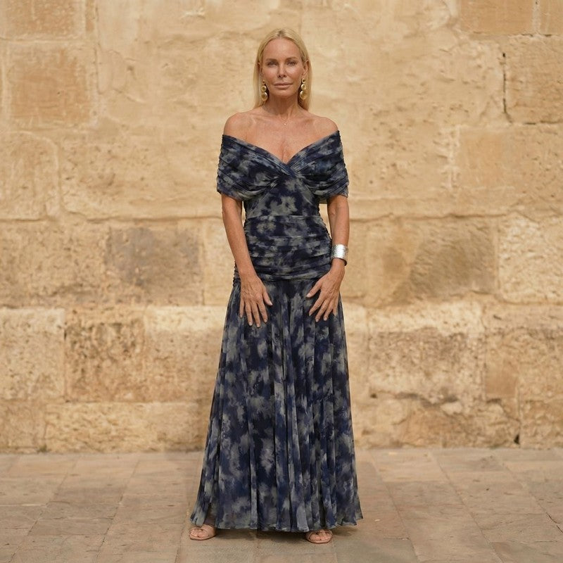 Women's Off-Shoulder Maxi Dress - Flowing Pleated Gown