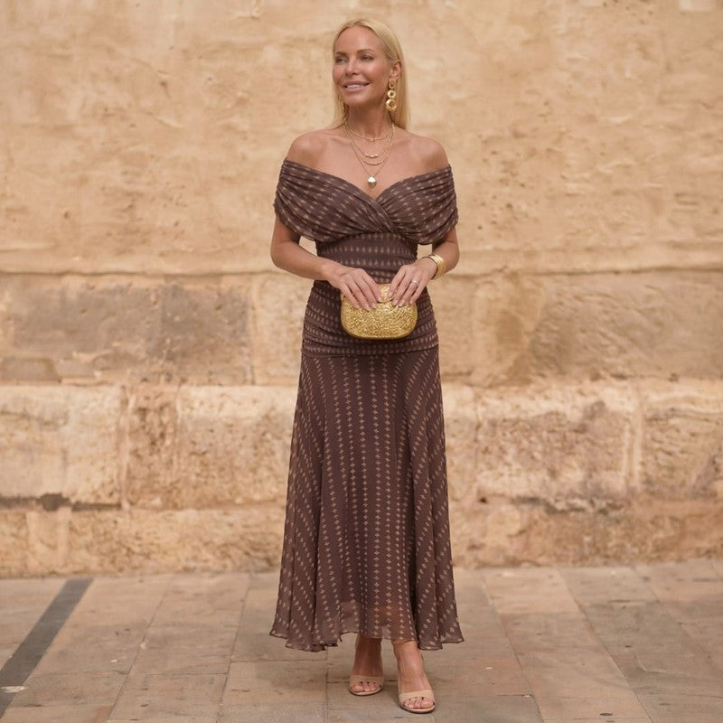 Women's Off-the-Shoulder Maxi Dress - Geometric Print
