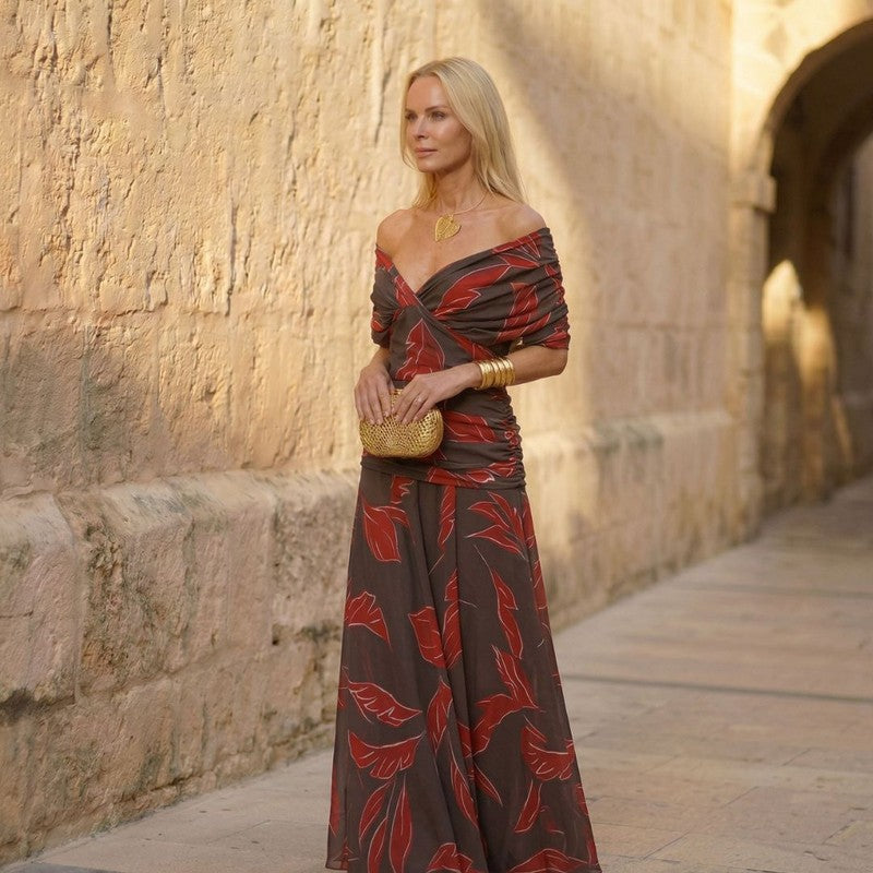 Women's Off-the-Shoulder Maxi Dress - Red Leaf Print
