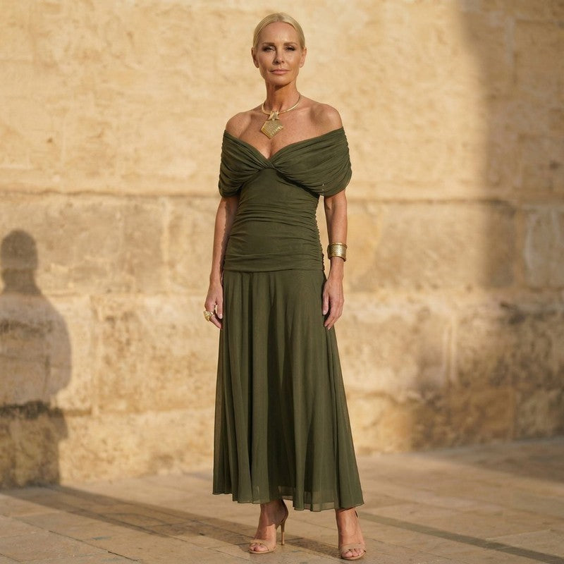 Women's Off-the-Shoulder Midi Dress - Olive Green