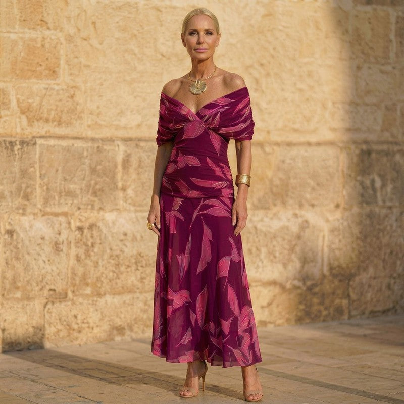Women's Off-the-Shoulder Ruched Midi Dress - Leaf Print