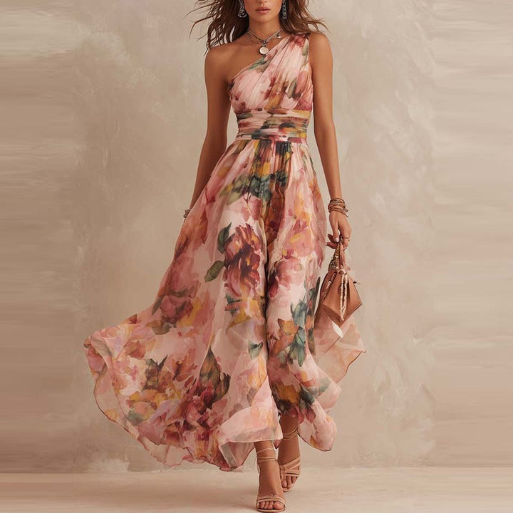 Women's One-Shoulder Maxi Dress - Floral Print