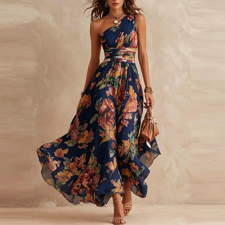 Women's One-Shoulder Maxi Dress - Floral Print