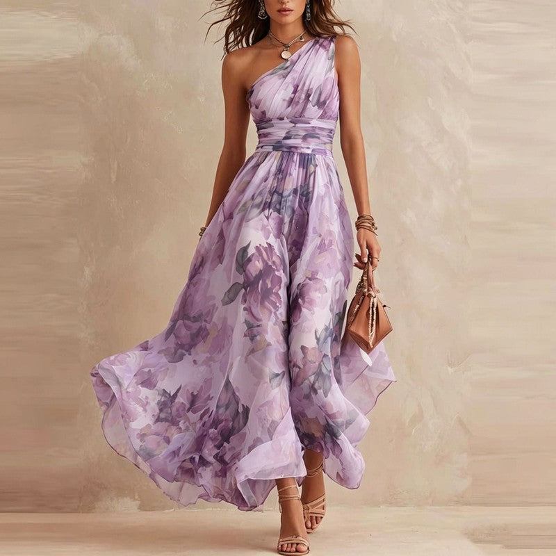 Women's One-Shoulder Maxi Dress - Floral Print
