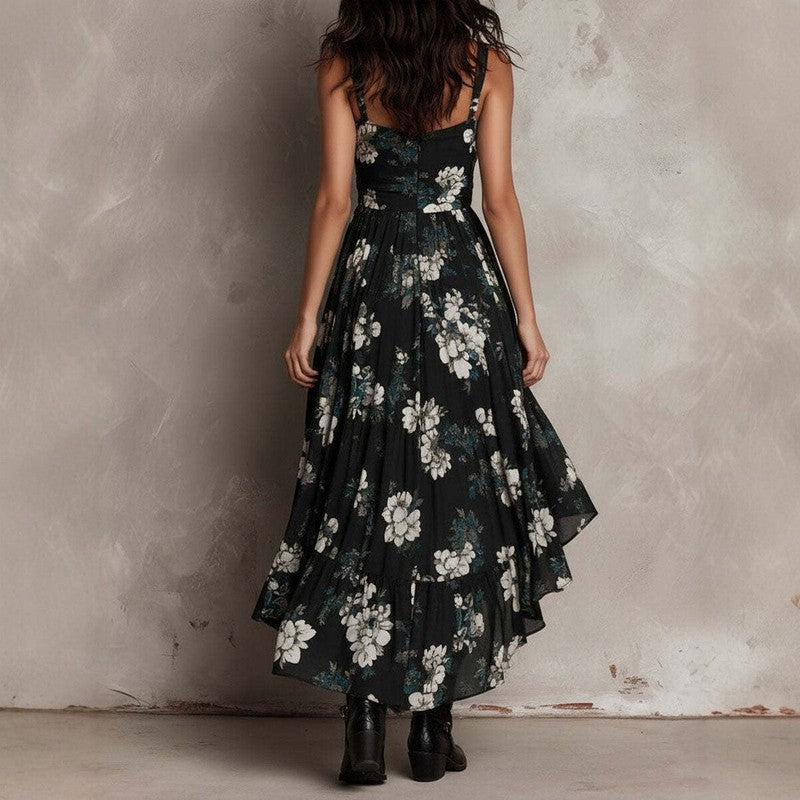 Women's V Neck Hi Low Maxi Dress - Floral Print