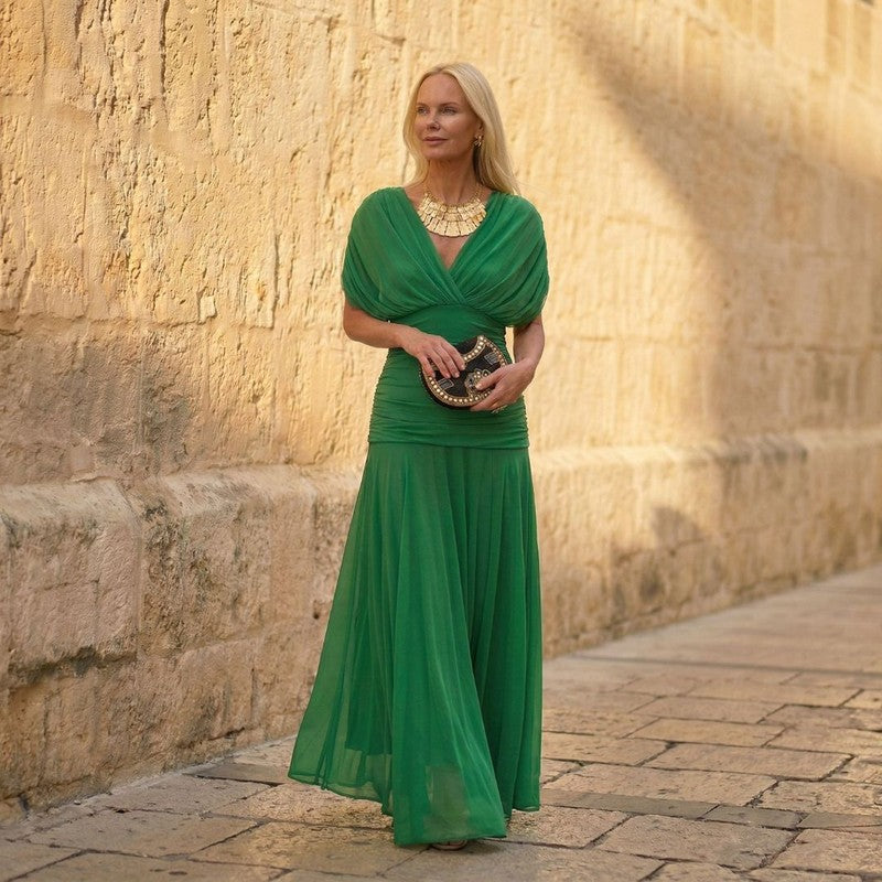 Women's V-Neck Maxi Dress - Batwing Sleeves with Ruched Waist