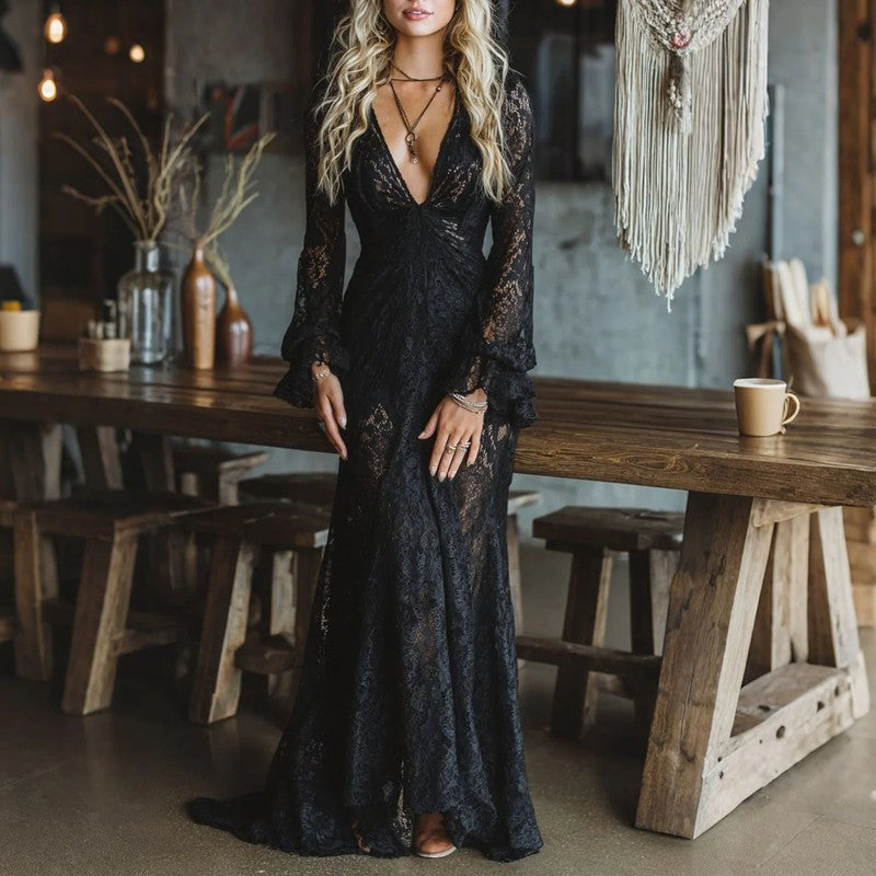Women's V-Neck Maxi Dress - Black
