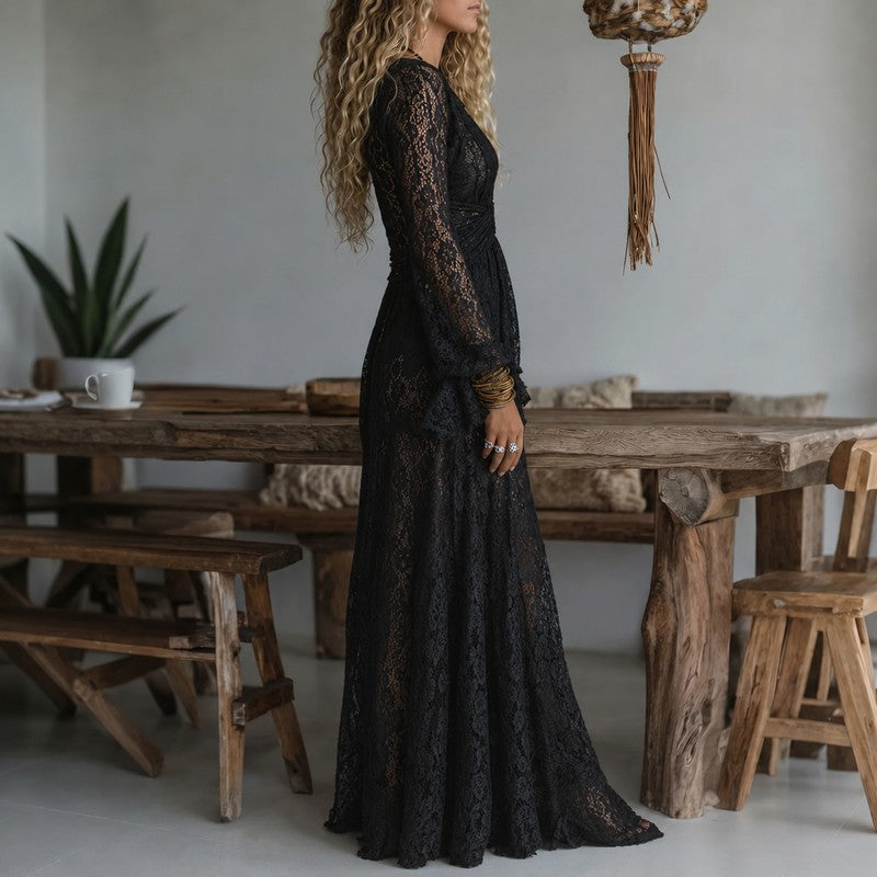 Women's V-Neck Maxi Dress - Black