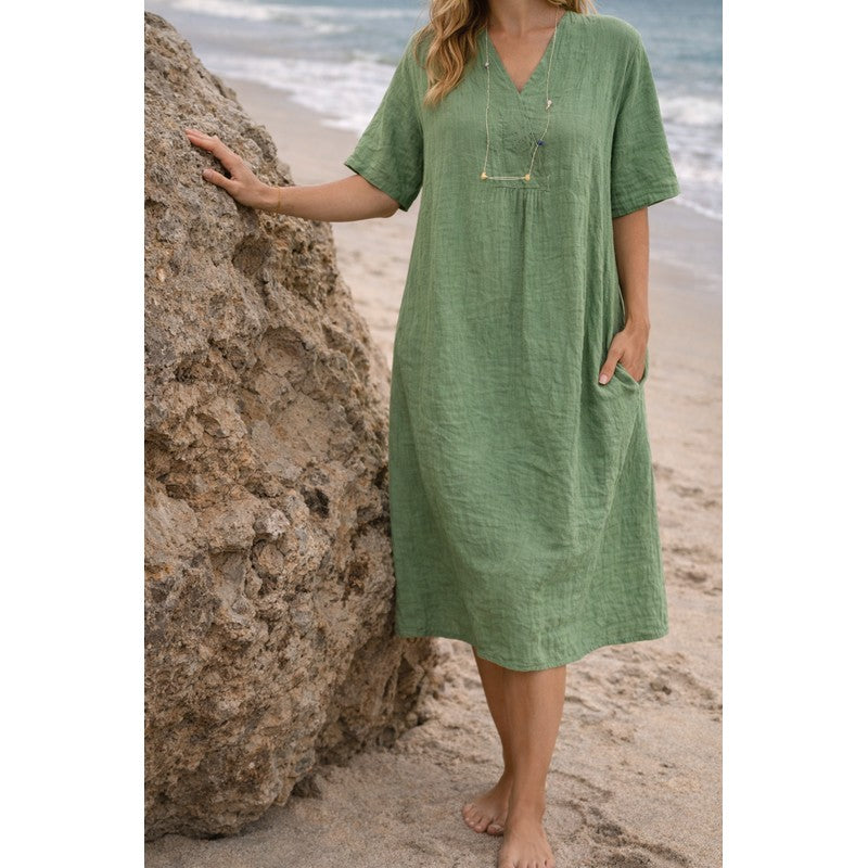 Women's V-Neck Midi Dress - Relaxed Fit