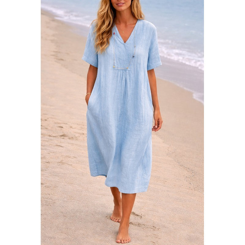 Women's V-Neck Midi Dress - Relaxed Fit