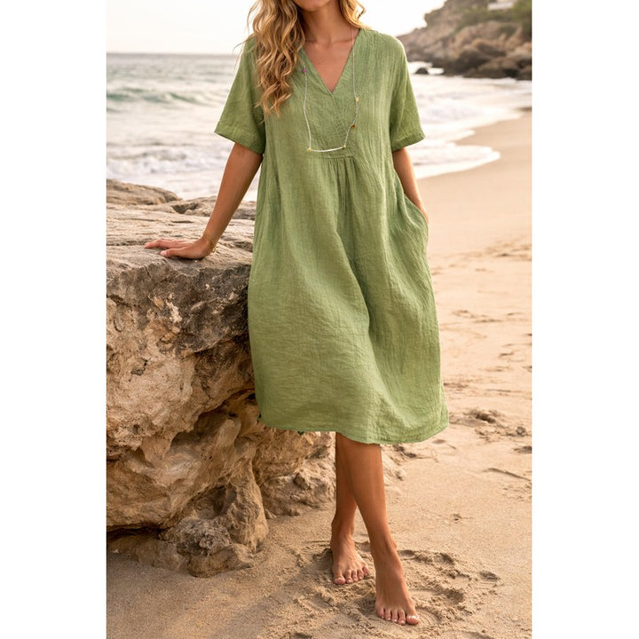 Women's V-Neck Midi Dress - Relaxed Fit