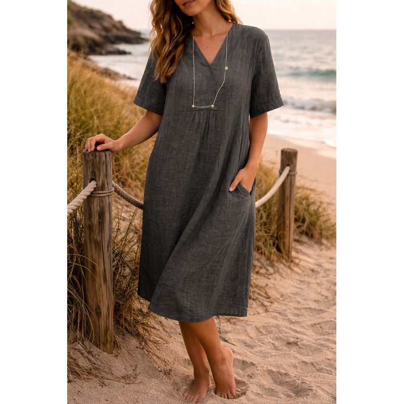 Women's V-Neck Midi Dress - Relaxed Fit